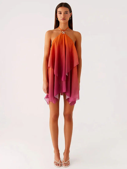 Robe courte chic rose dégradé à volants