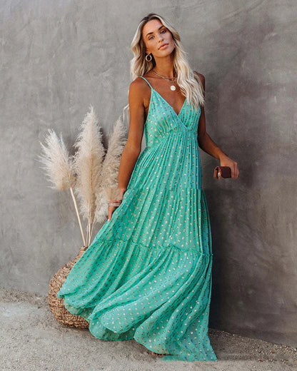 Robe longue d’été verte bohème chic
