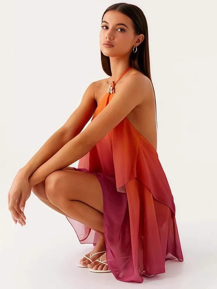 Robe courte chic rose dégradé à volants