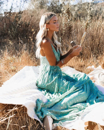 Robe longue d’été verte bohème chic