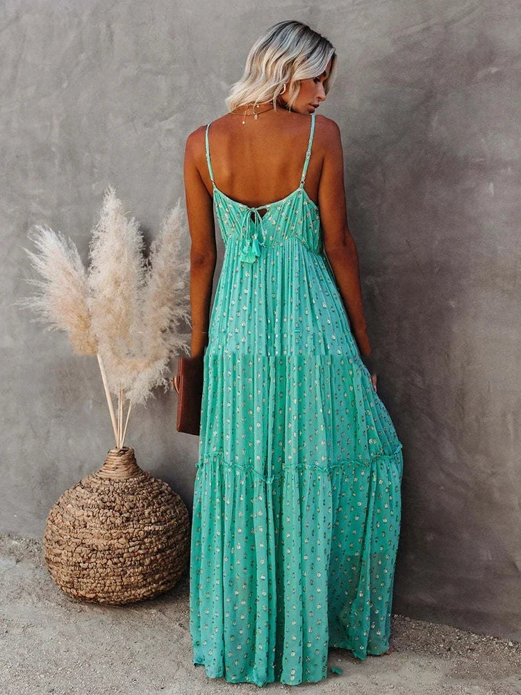 Robe longue d’été verte bohème chic