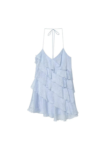 Robe à volants dos nu bleue