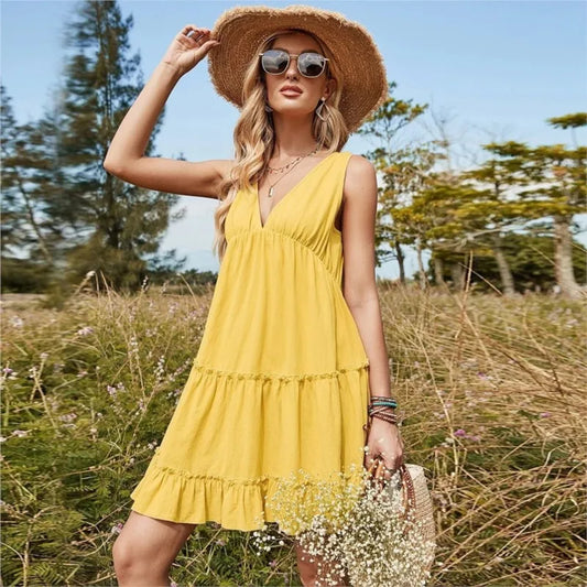 Robe décontractée pour femme, été 2026, sans manches, couleur unie, à nouer, col en V, coupe trapèze, pour la plage, le club ou le streetwear