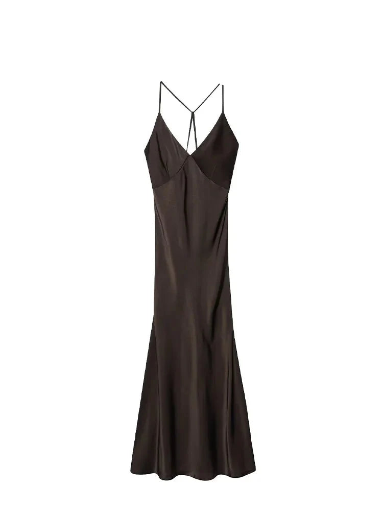 Robe longue marron satin pour femme au dos nu