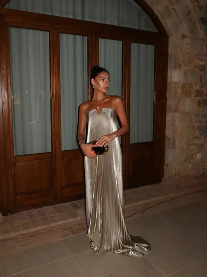 Robe de cocktail bustier dorée plissée