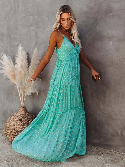 Robe longue d’été verte bohème chic