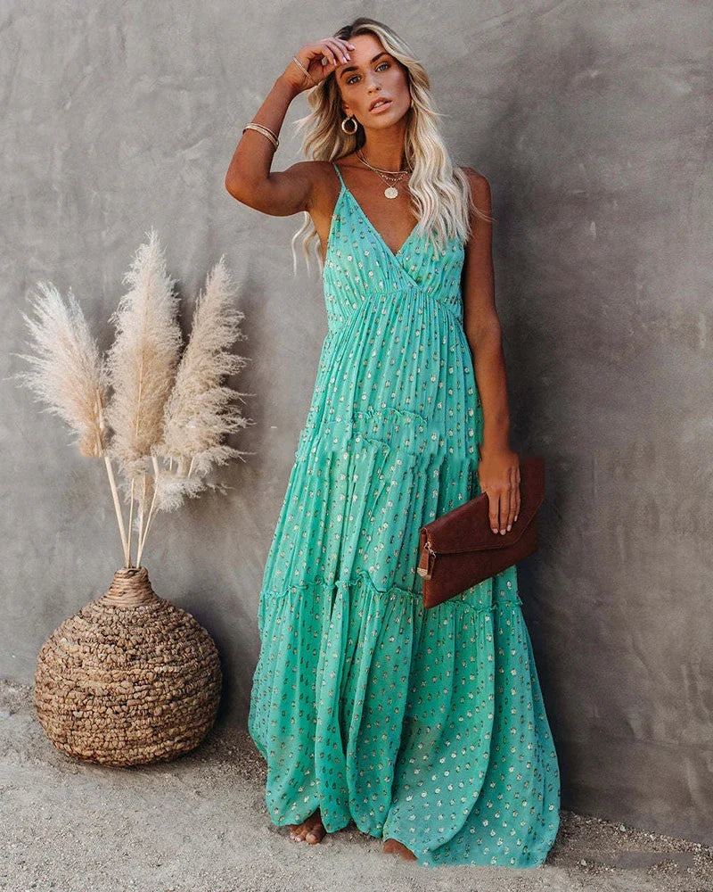Robe longue d’été verte bohème chic