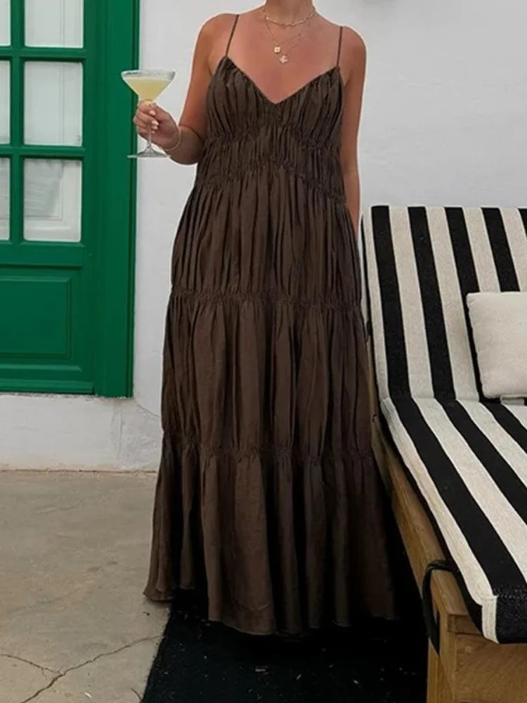 Robe longue marron chic a bretelles