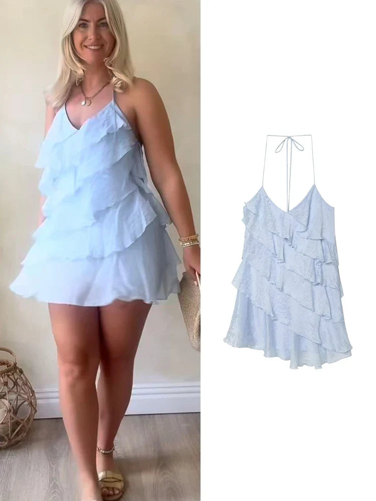 Robe à volants dos nu bleue