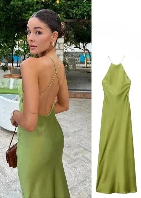 Longue robe sans manches en satin vert citron