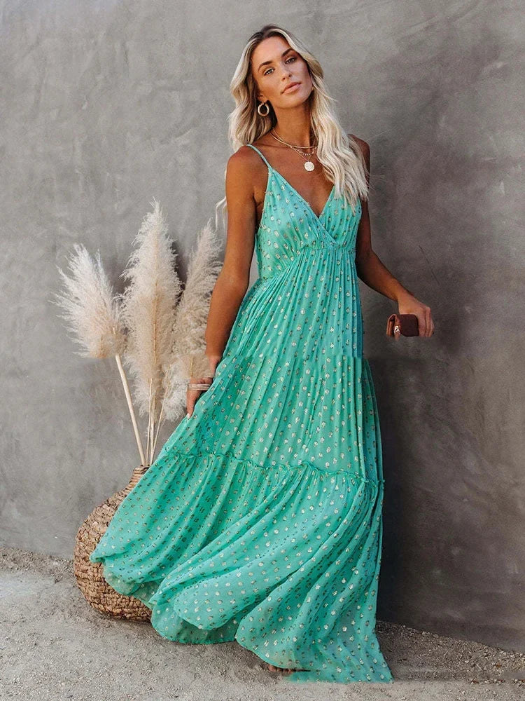 Robe longue d’été verte bohème chic
