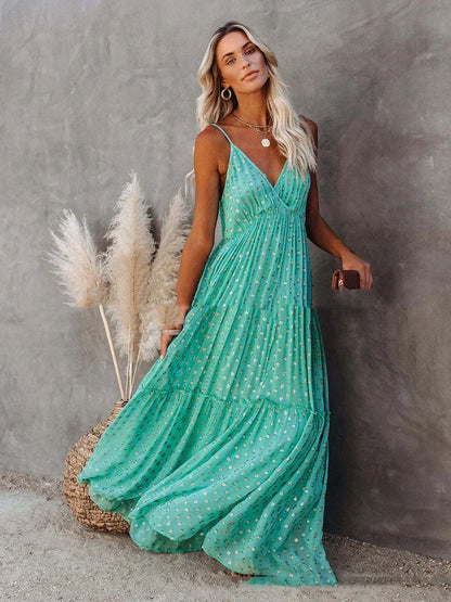 Robe longue d’été verte bohème chic