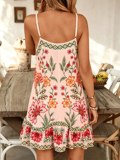 Robe Courte Décontractée Bohème à Imprimé Floral Sans Manches pour Femme