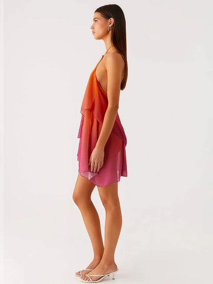 Robe courte chic rose dégradé à volants