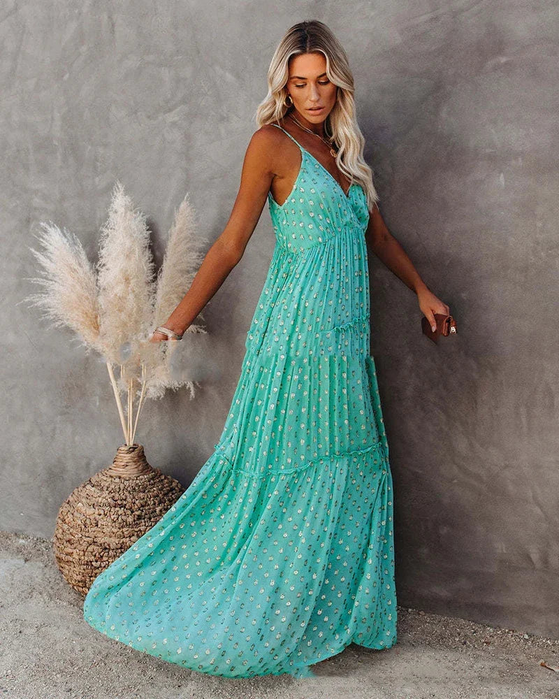 Robe longue d’été verte bohème chic