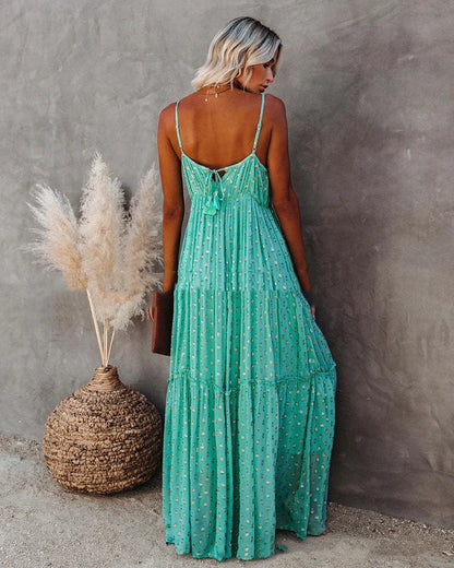 Robe longue d’été verte bohème chic