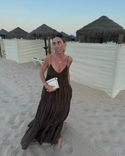 Robe longue marron chic a bretelles