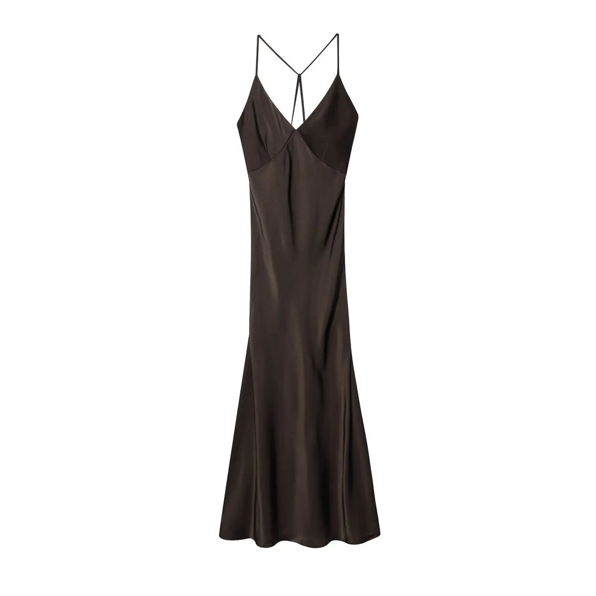 Robe longue marron satin pour femme au dos nu