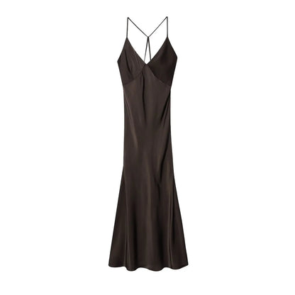 Robe longue marron satin pour femme au dos nu