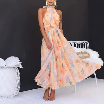 Robe d’été imprimée orange pour femme dos nu à col halter