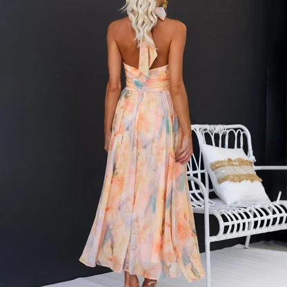 Robe d’été imprimée orange pour femme dos nu à col halter