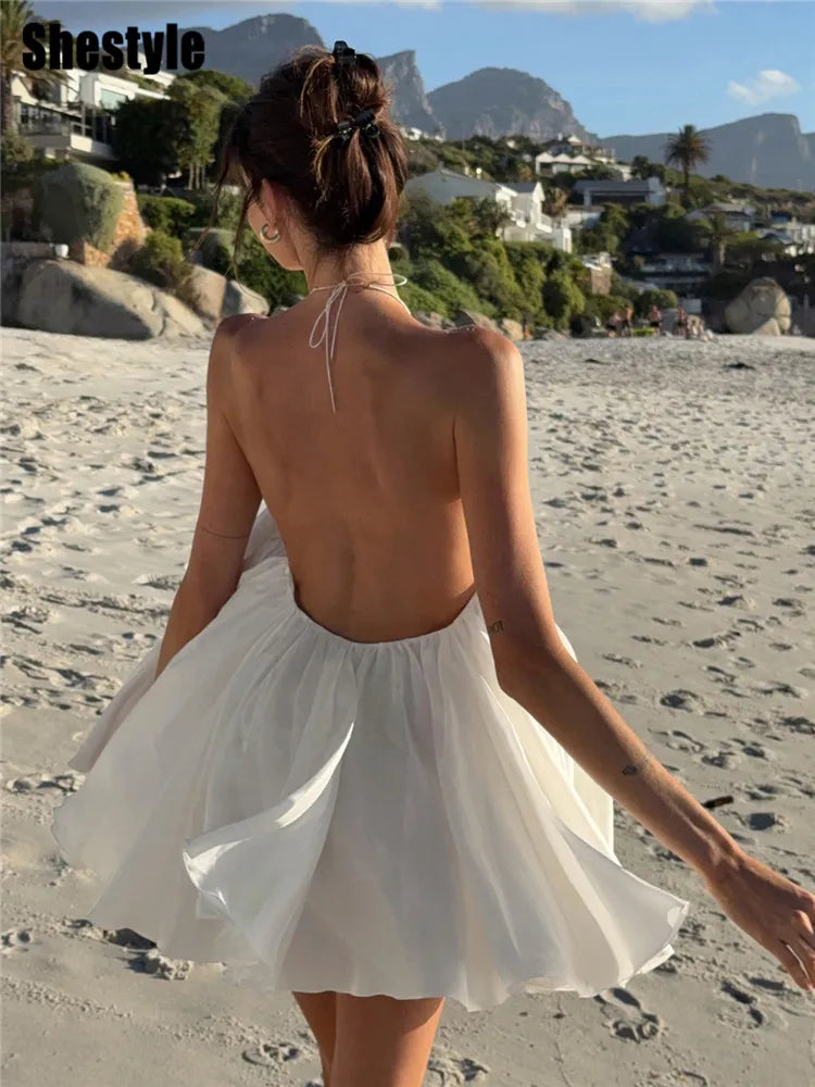 Robe courte blanche pour femme col cou et dos nu