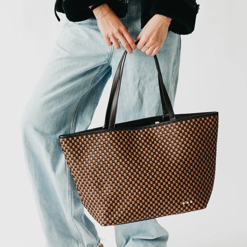 Tiffany Woven Organizer Tote Bag Checker Coffee