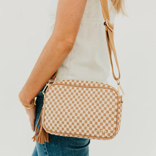 Willow Woven Camera Crossbody Bag Tan Checker