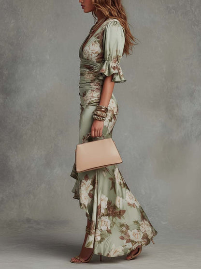 Osyra - Silky V-Neck Floral Dress