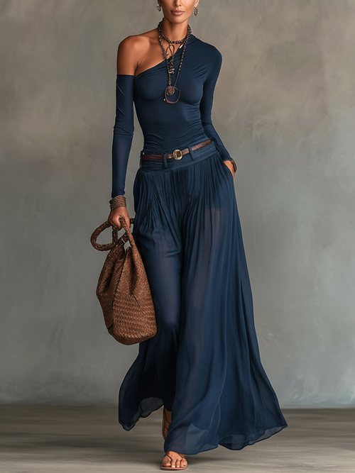 Ensley - Elegant One-Shoulder Top and Skirt Set
