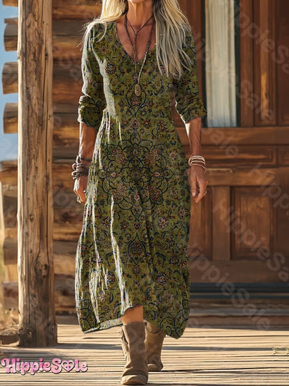 Women's Bohemian Floral Wavy Collage Art Pattern Print Pocket Cotton Dress