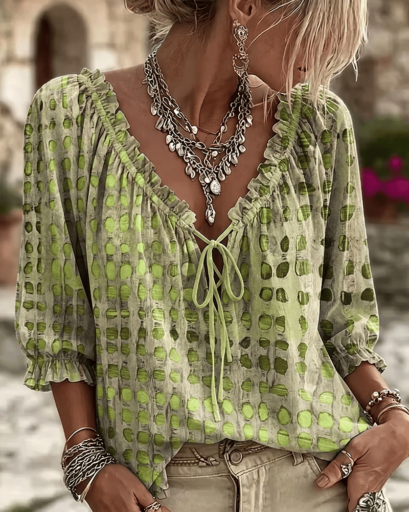 Bevelyn - Soft-Touch Polka Dot Lace-Up Blouse