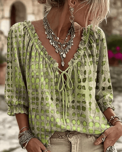 Bevelyn - Soft-Touch Polka Dot Lace-Up Blouse