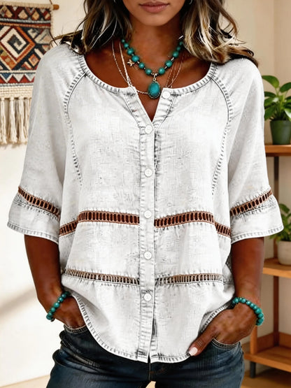 Women's Openwork Button Short-sleeve Shirt