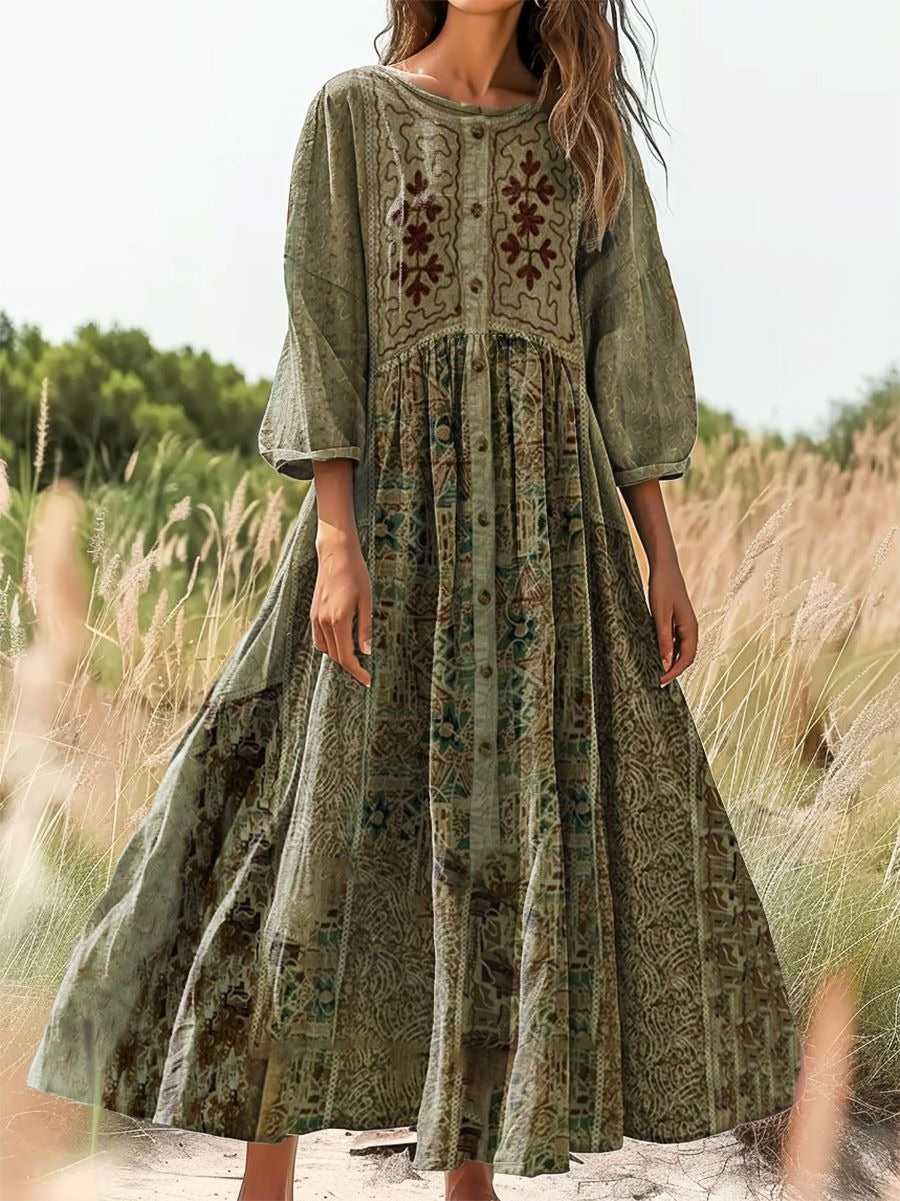Women's Retro Ethnic Pattern Artistic Print Casual V-Neck Long-Sleeved T-Shirt