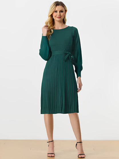 Long Sleeve Ribbed Knit Belted Pleated Midi Sweater Dress