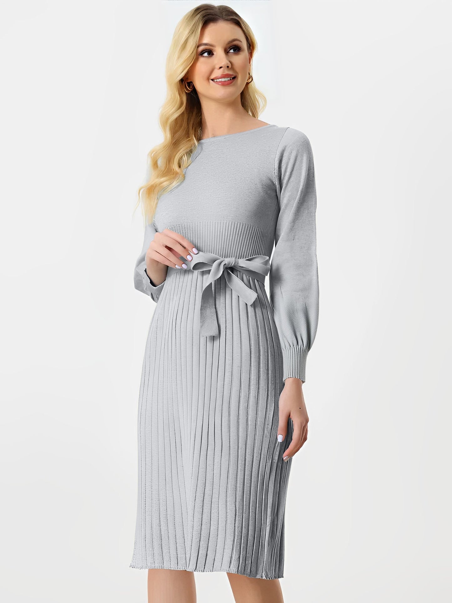 Long Sleeve Ribbed Knit Belted Pleated Midi Sweater Dress