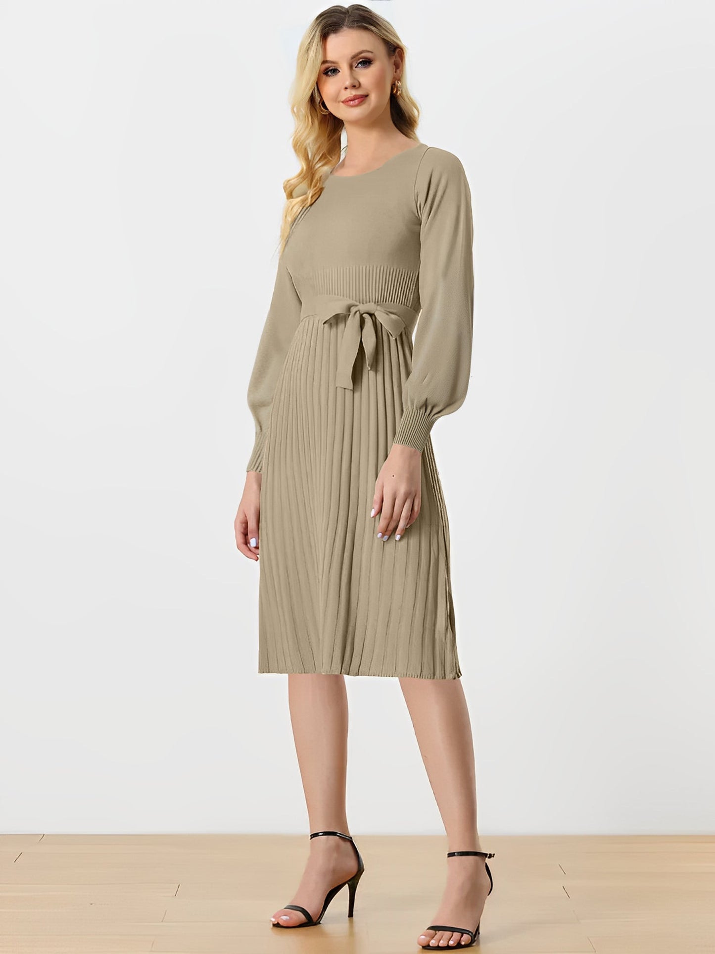 Long Sleeve Ribbed Knit Belted Pleated Midi Sweater Dress