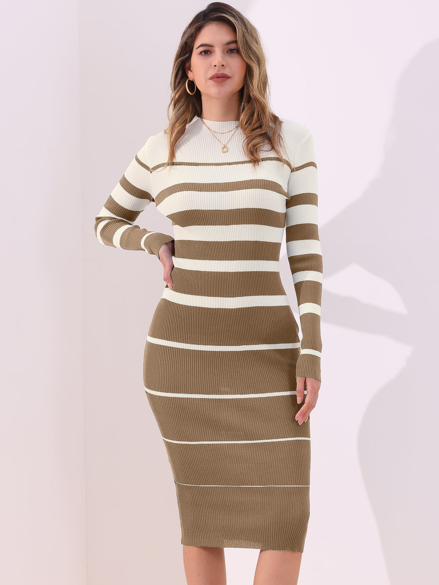 Striped Long Sleeve Bodycon Knit Midi Sweater Dress