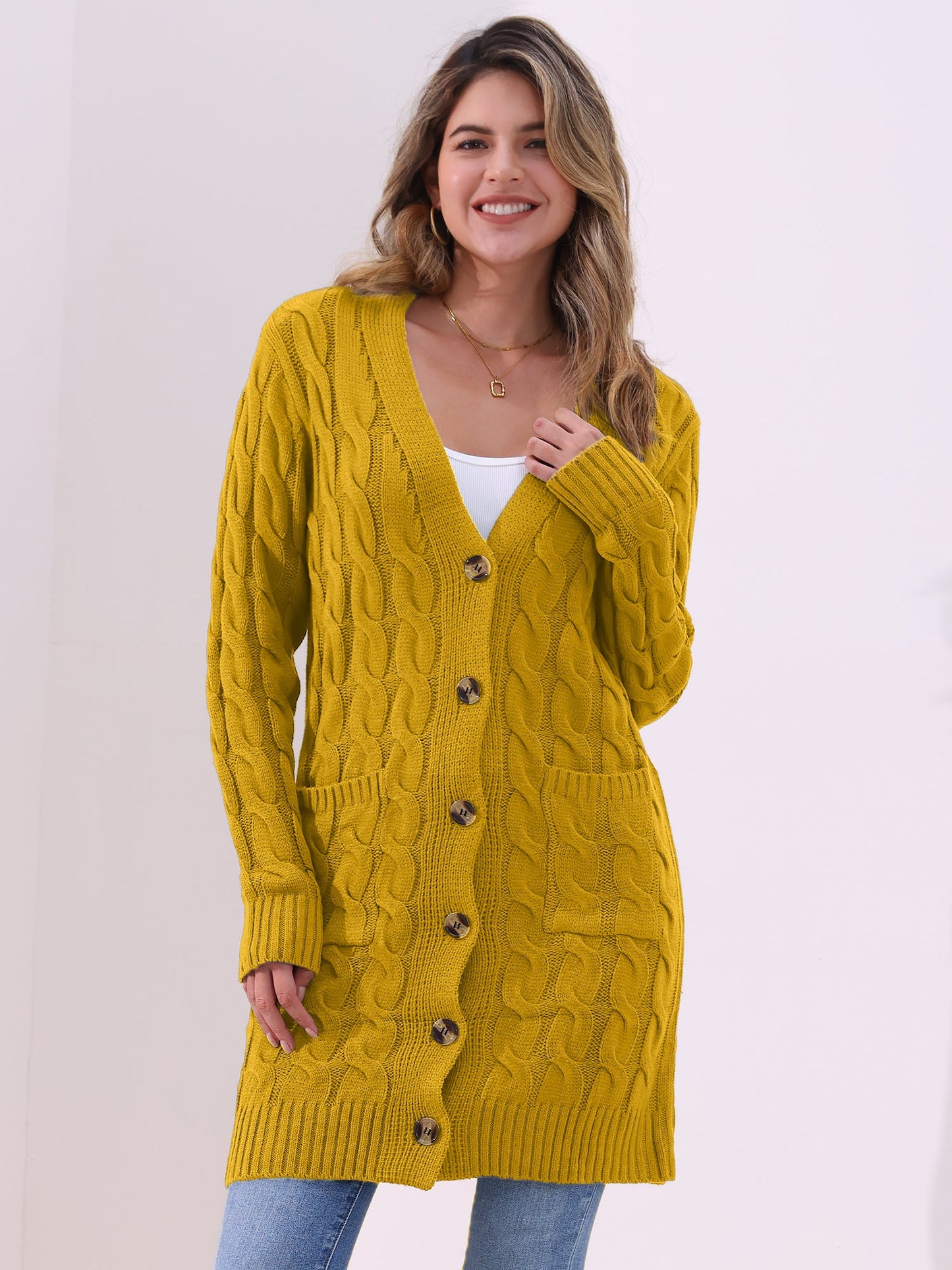 Long Sleeves Cable Knit Button Down Cardigan