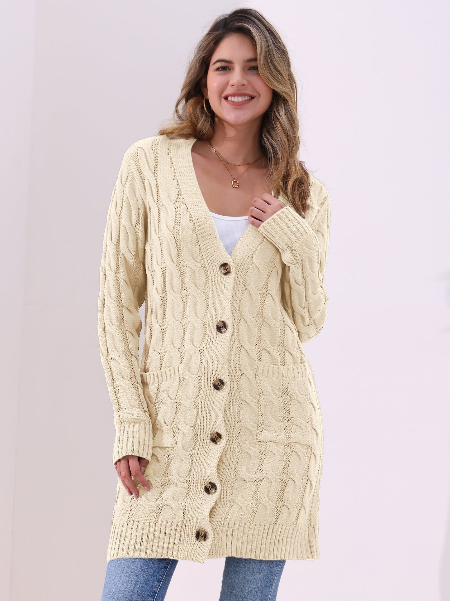Long Sleeves Cable Knit Button Down Cardigan