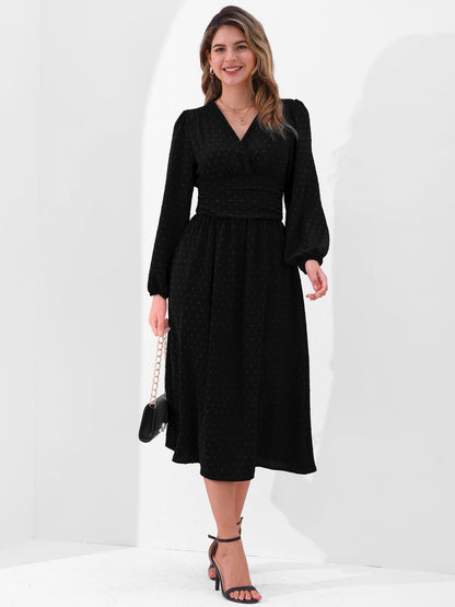 Vintage-Chic V Neck Swiss Polka Dots Lantern Long Sleeve Midi Office Dress