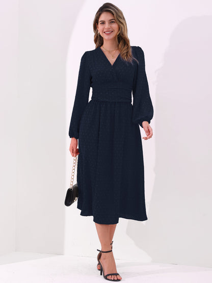 Vintage-Chic V Neck Swiss Polka Dots Lantern Long Sleeve Midi Office Dress