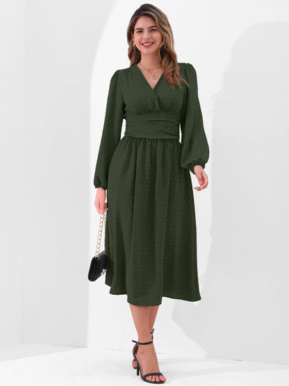 Vintage-Chic V Neck Swiss Polka Dots Lantern Long Sleeve Midi Office Dress