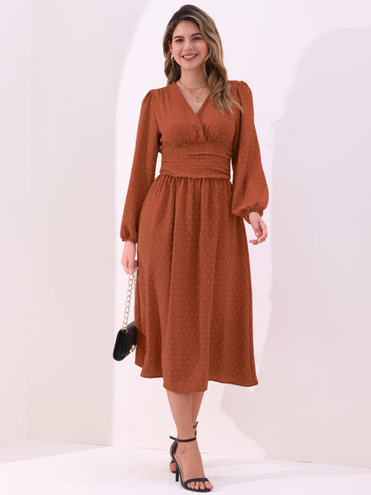 Vintage-Chic V Neck Swiss Polka Dots Lantern Long Sleeve Midi Office Dress