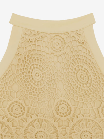 Elegant Floral Lace & Adjustable Straps Solid Color Halter Neck Lace Sleeveless Blouse