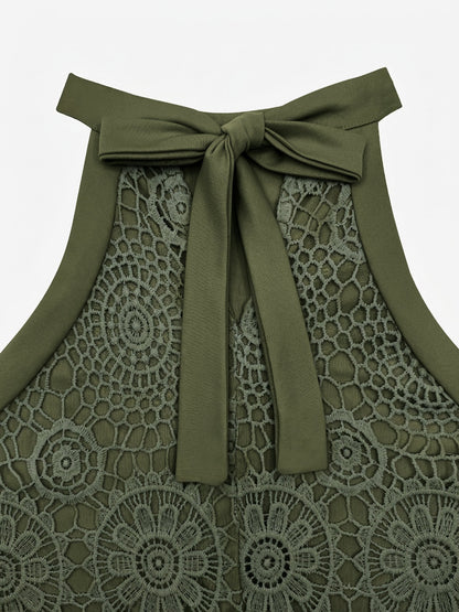 Elegant Floral Lace & Adjustable Straps Solid Color Halter Neck Lace Sleeveless Blouse
