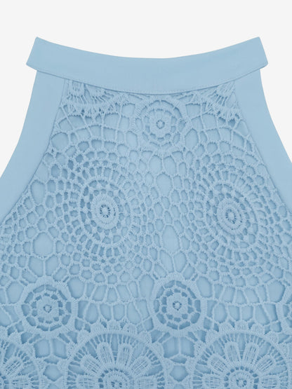 Elegant Floral Lace & Adjustable Straps Solid Color Halter Neck Lace Sleeveless Blouse