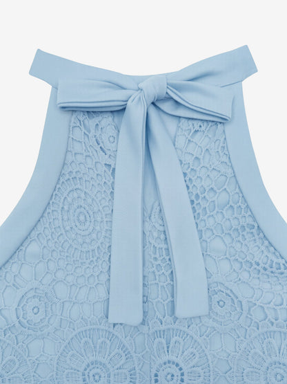 Elegant Floral Lace & Adjustable Straps Solid Color Halter Neck Lace Sleeveless Blouse