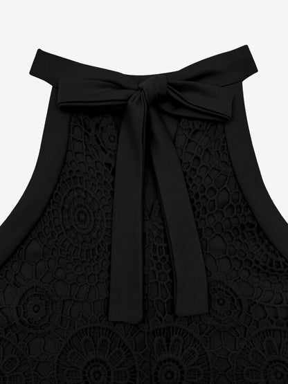 Elegant Floral Lace & Adjustable Straps Solid Color Halter Neck Lace Sleeveless Blouse